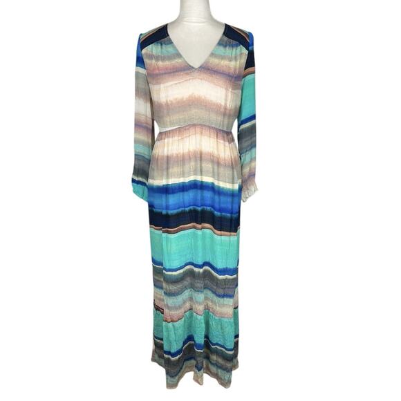 Marie Oliver Luciana Stripe Silk Blend Maxi Dress Blue Multi Puff Sleeve Size XS - Picture 3 of 10